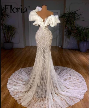 Роскошное свадебное платье с жемчугом Русалки с длинным шлейфом, оборками, Многоуровневые свадебные платья с V-образным вырезом, Арабское Праздничное платье