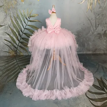 Пышное платье для девочки, детское платье из розового тюля, съемный шлейф, платье в цветочек для девочек, бант, милые детские платья для дня рождения, Первое причастие