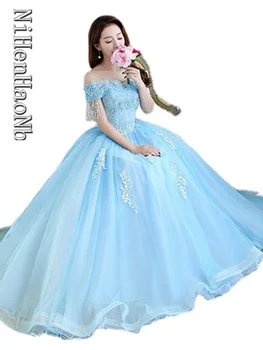Бальное платье с вырезом лодочкой Длиной до пола, Кружевное Тюлевое Голубое Свадебное платье, Vestido De Novia Quinceanera Dresses
