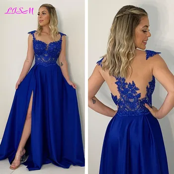 Королевские Синие Атласные Вечерние платья с разрезом сбоку и Объемными аппликациями, Кружевные платья для выпускного вечера для женщин, vestidos formales