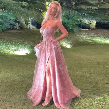 Элегантные Платья для выпускного вечера с милыми розовыми блестками и разрезом по бокам, с открытыми плечами, Вечерние платья трапециевидной формы без рукавов из тюля
