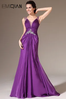 Вечерние платья из фиолетового шифона с V-образным вырезом 