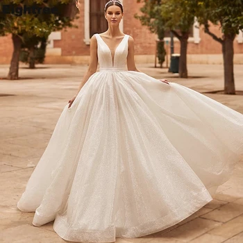 Простое высококачественное свадебное платье с блестками, Бальное платье 2021, платья невесты с открытой спиной и V-образным вырезом на заказ, Vestido de Noiva