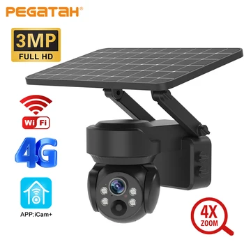 PEGATAH 3MP Солнечная камера Наружная 4G/WiFi Камера с 4-кратным оптическим зумом, Обнаружение движения, полноцветные IP-камеры безопасности ночного видения