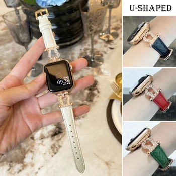 Ремешок с бриллиантами для Apple Watch Band 44 мм 45 мм 38-42-40-41 мм, роскошный Кожаный браслет iwatch series 8 7 SE 6 5 4 Ultra 49 мм