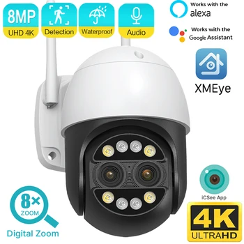 8-Мегапиксельная Wi-Fi PTZ-камера с двумя объективами Ночного видения для обнаружения человека, 8-кратный цифровой зум, Камера видеонаблюдения, IP-камера безопасности 4K