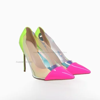 Разноцветные Туфли-лодочки из лакированной Кожи с Прозрачным ПВХ Покрытием на Каблуке, Женская обувь на Шпильке с Острым Носком, Современный Новый Zapatillas Mujer