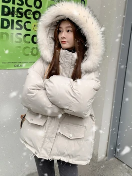 Зимние куртки для женщин 2023, Модный топ с длинными рукавами в корейском стиле, Свободный, с капюшоном, повседневная однотонная парка с меховым воротником, одежда