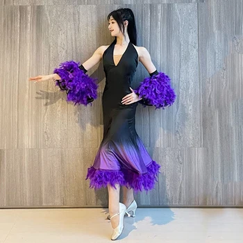 Новое фиолетовое платье для бальных танцев с перьями, Женский костюм для выступлений, Одежда для вальса, Одежда для выпускного вечера, Одежда для танго, Платье для соревнований BL10858