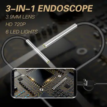 3,9 мм Эндоскопическая Камера Крошечный Объектив Android Endoscope 6 LED Micro USB Type C 3 в 1 Водонепроницаемый Инспекционный Бороскоп Для ПК Android