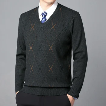 Мужской свитер, модный однотонный теплый свитер, деловой повседневный свитер с вырезом в виде сердца, пуловер, Мужские топы