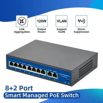 Коммутатор POE с 10 портами, сетевой коммутатор 48V Power Over Ethernet, Инжектор коммутатора PoE с 8 портами для IP-камеры/беспроводной точки доступа/системы видеонаблюдения