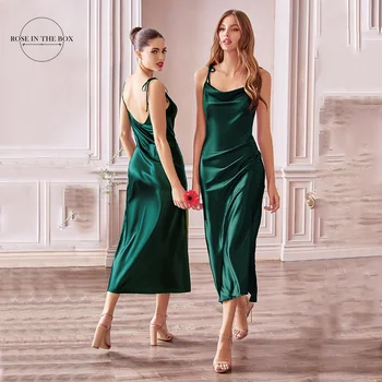 Темно-зеленые коктейльные платья на тонких бретельках для женщин 2023, Пикантные атласные платья для выпускного вечера с разрезом сбоку, Vestido De Fiesta De Boda