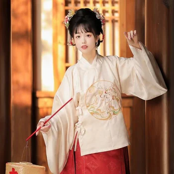 Женское платье Hanfu с вышивкой Династии Мин, круглый вырез, рукав Бипа, Лошадиное лицо, осень и зима