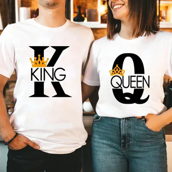 Рубашка для влюбленных с принтом Короля, Королевы, короны, Пара, Свободная футболка с коротким рукавом и круглым вырезом, Летняя женская мужская футболка, топы, Camisetas Mujer