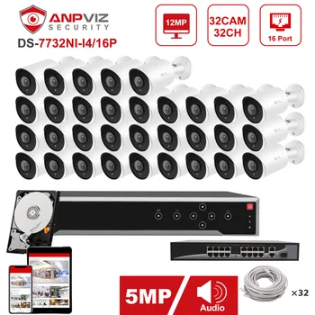 Anpviz NVR 32CH 4K 32pcs 5MP POE IP-камера Система Внутренней/Наружной Камеры Комплект Системы видеонаблюдения IP66 30m Защита безопасности